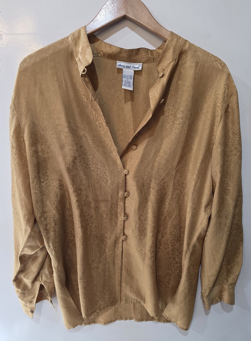 Vintage Silk Anna & Frank Gold Jacquard Brocade Blouse Women Button Front Sz L